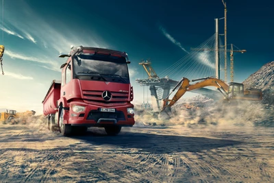 roter Mercedes Benz Actros auf einer Baustelle